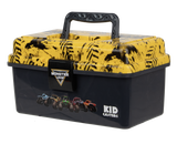 Quarter view of Monster Jam Play Box with yellow lid pattern, handle and front locking latch with Monster Jam logo, dark base