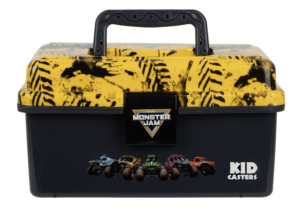 Front view of Monster Jam Play Box with yellow splatter lid, black base, top handle, locking latch and Kid Casters logo