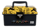 Front view of Monster Jam Play Box with yellow splatter lid, black base, top handle, locking latch and Kid Casters logo