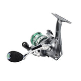 Angled view of Profishiency Mint Micro spinning reel showing mint-colored spool, silver body, and EVA handle on white background