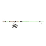 Side view of Profishiency Mint Micro spinning rod and attached silver reel, mint blank with split EVA grips on white