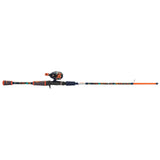 Youth micro spincast fishing rod with side-mount spincast reel, orange and teal patterned blank, full-length view