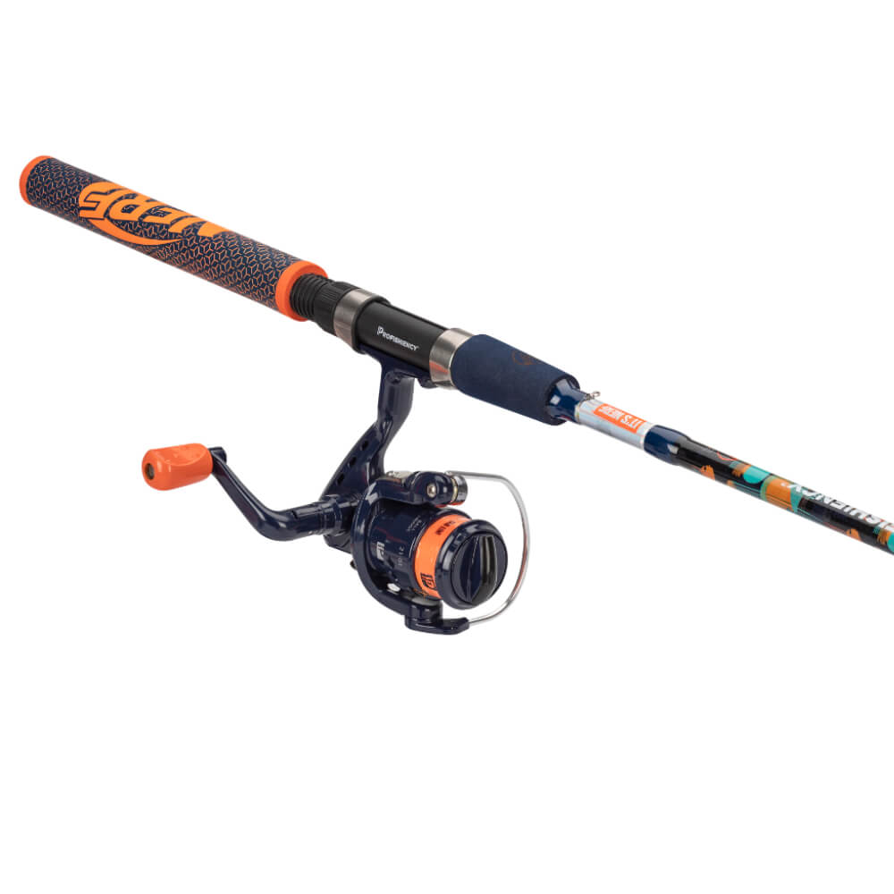Profishiency kids spinning rod and reel with orange-and-blue grip and navy blue spool