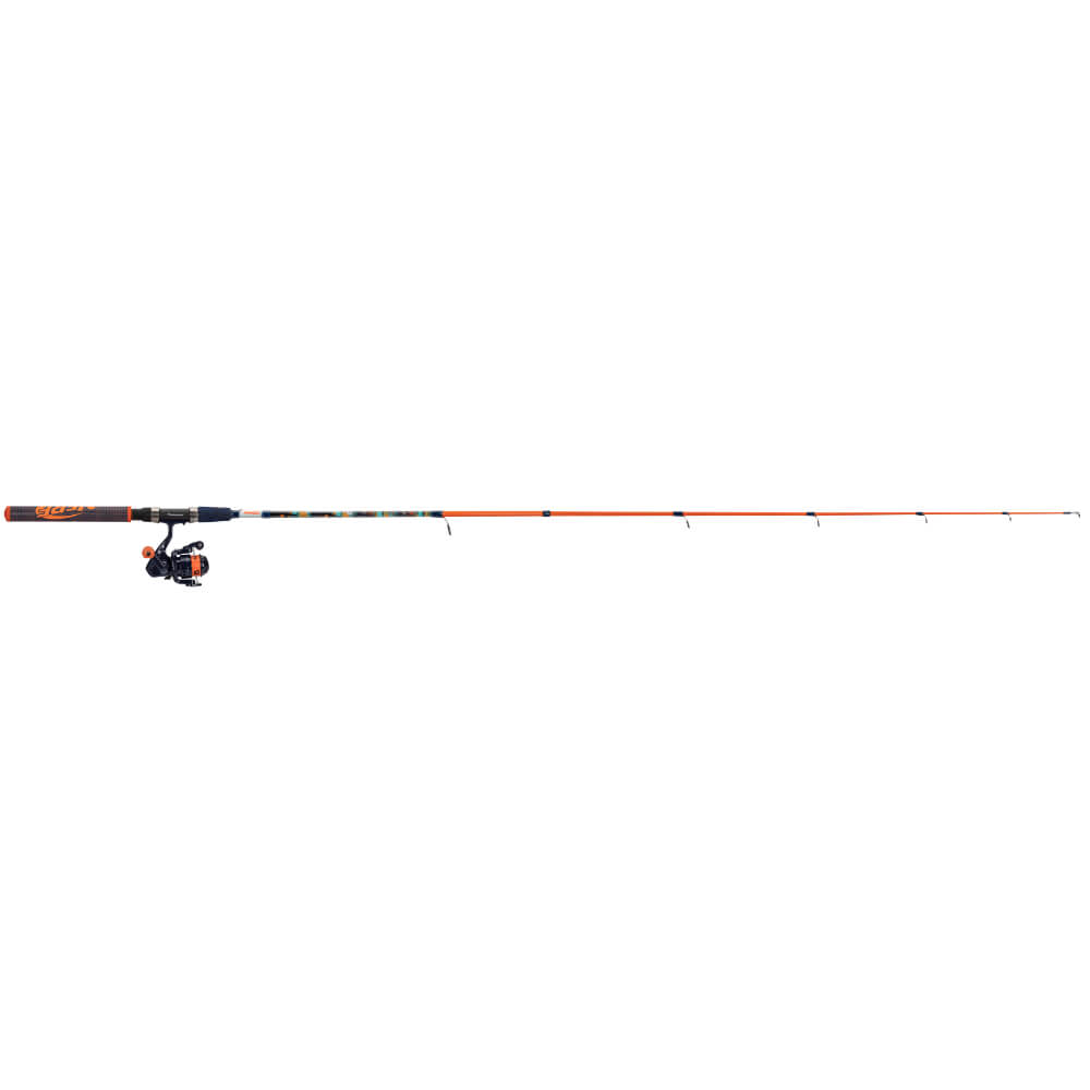Full-length orange spinning rod and reel, side view; youth Kid Casters style.