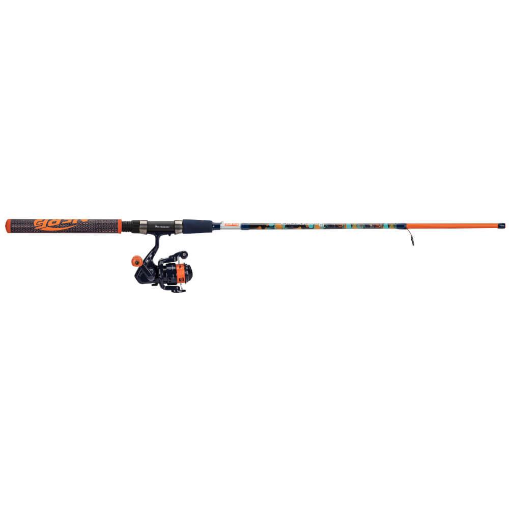 Children's micro spinning fishing rod and side-mounted reel, orange and blue