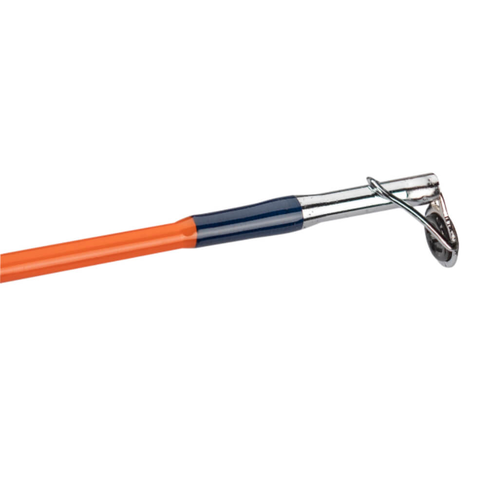 Orange-and-navy kids' fishing rod tip with chrome spinning guide labeled NERF