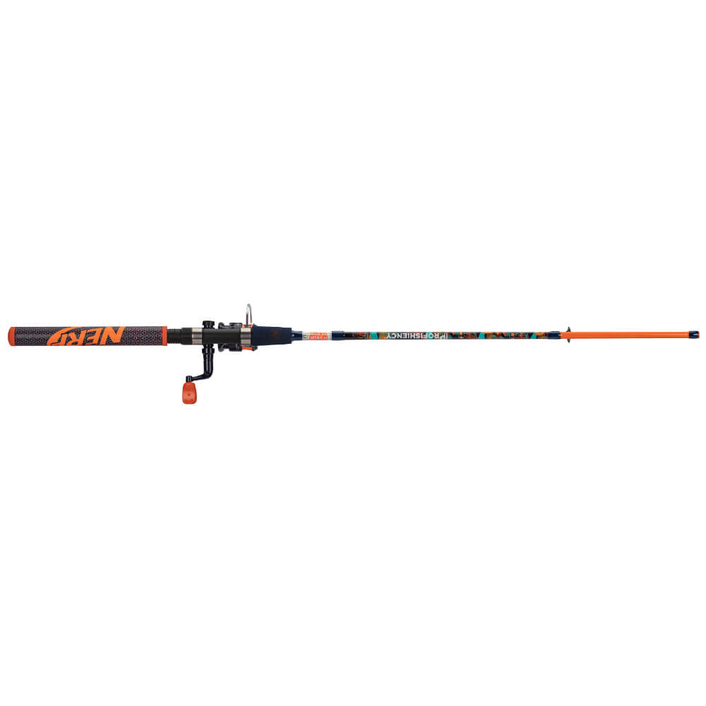 Nerf-themed kids fishing rod with orange NERF grip, spin reel, and "PROFISHIENCY" printed along the rod