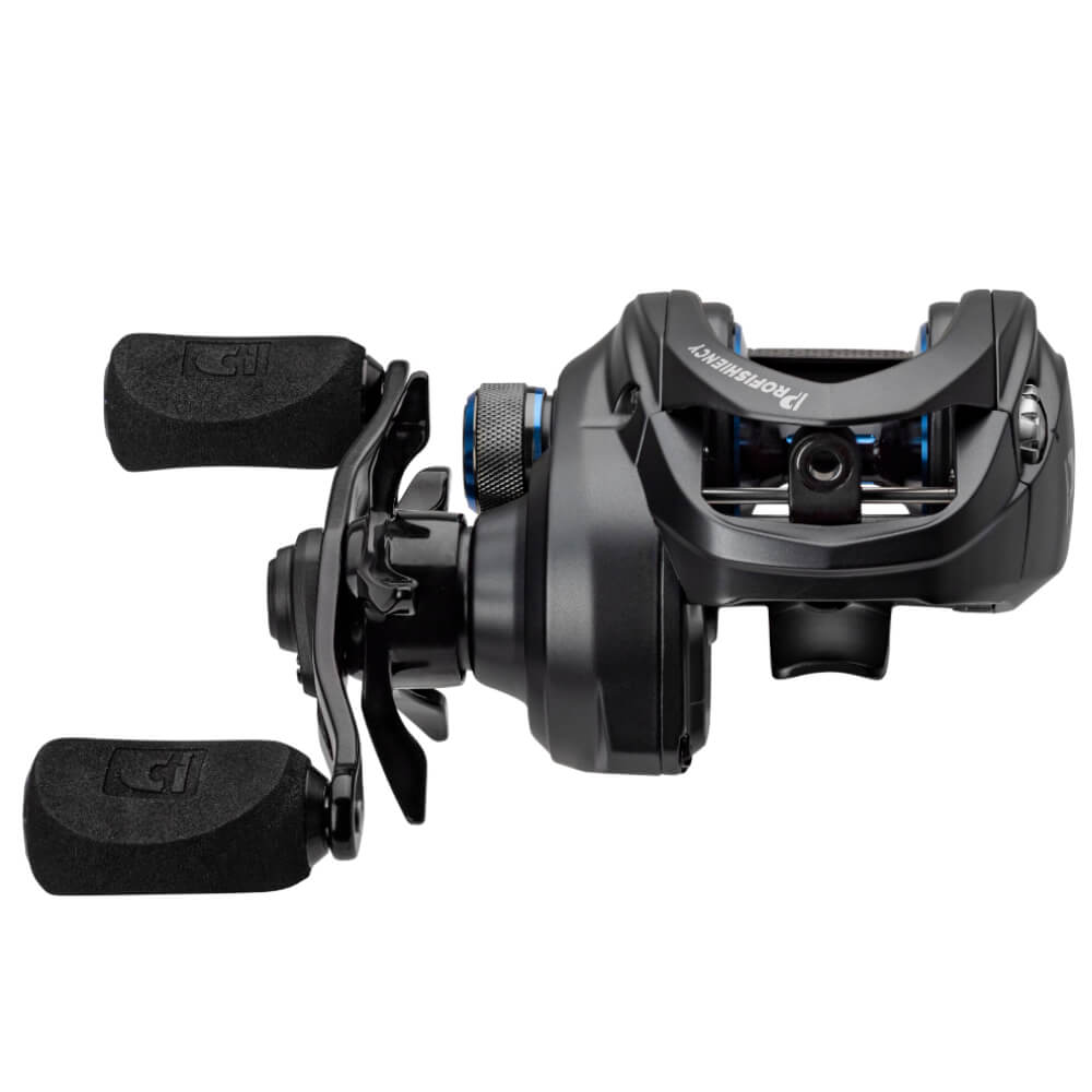 PROFISHIENCY P4 baitcasting reel, right-hand front-angle view, black
