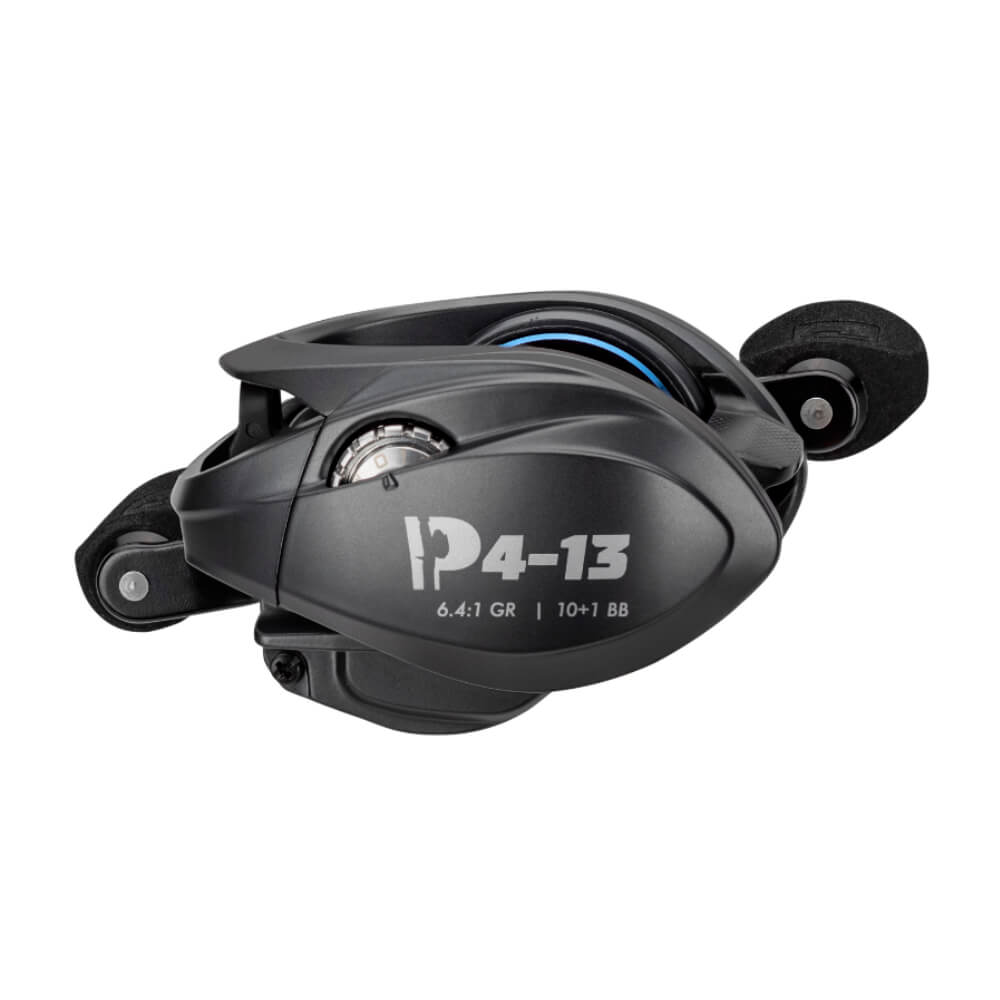 Black baitcasting reel labeled P4-13, 6.4:1 GR, 10+1 BB