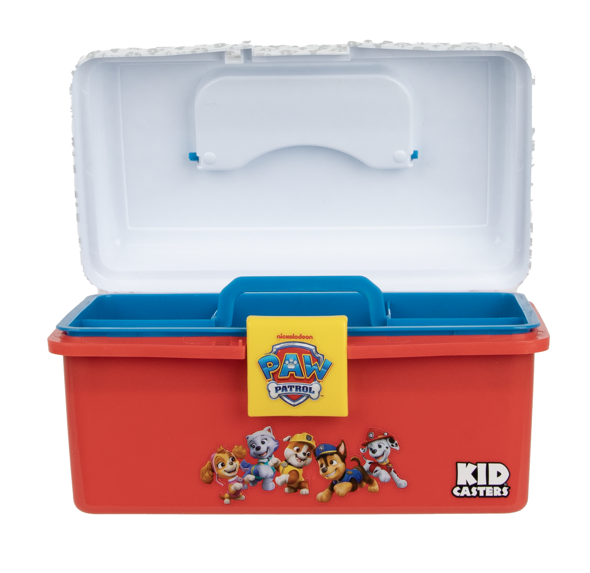 Front view of Paw Patrol play box with open lid, removable tray, yellow latch and Paw Patrol graphic on red body