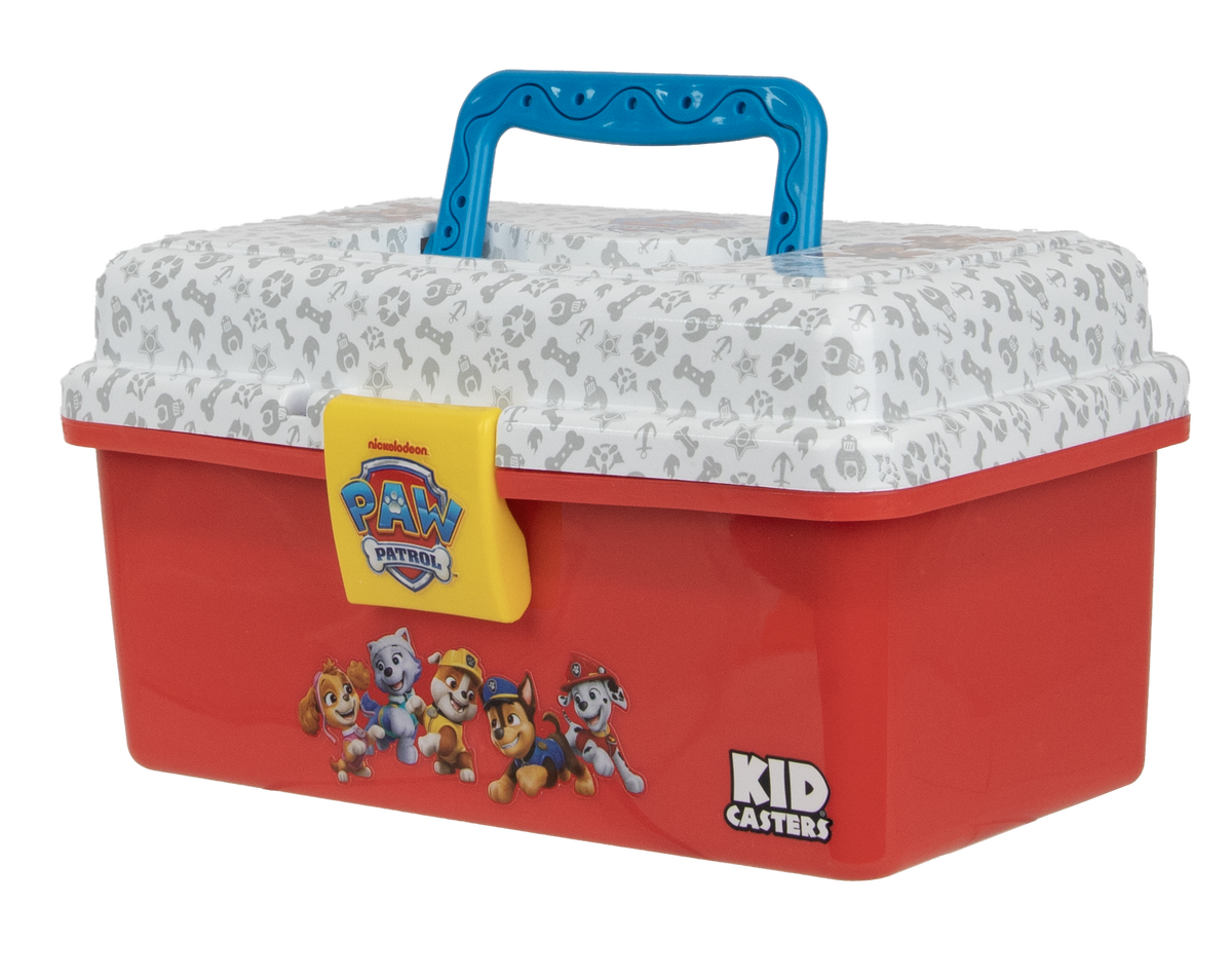 Quarter view of Paw Patrol Play Box showing red base, patterned white lid, blue handle and yellow latch on white