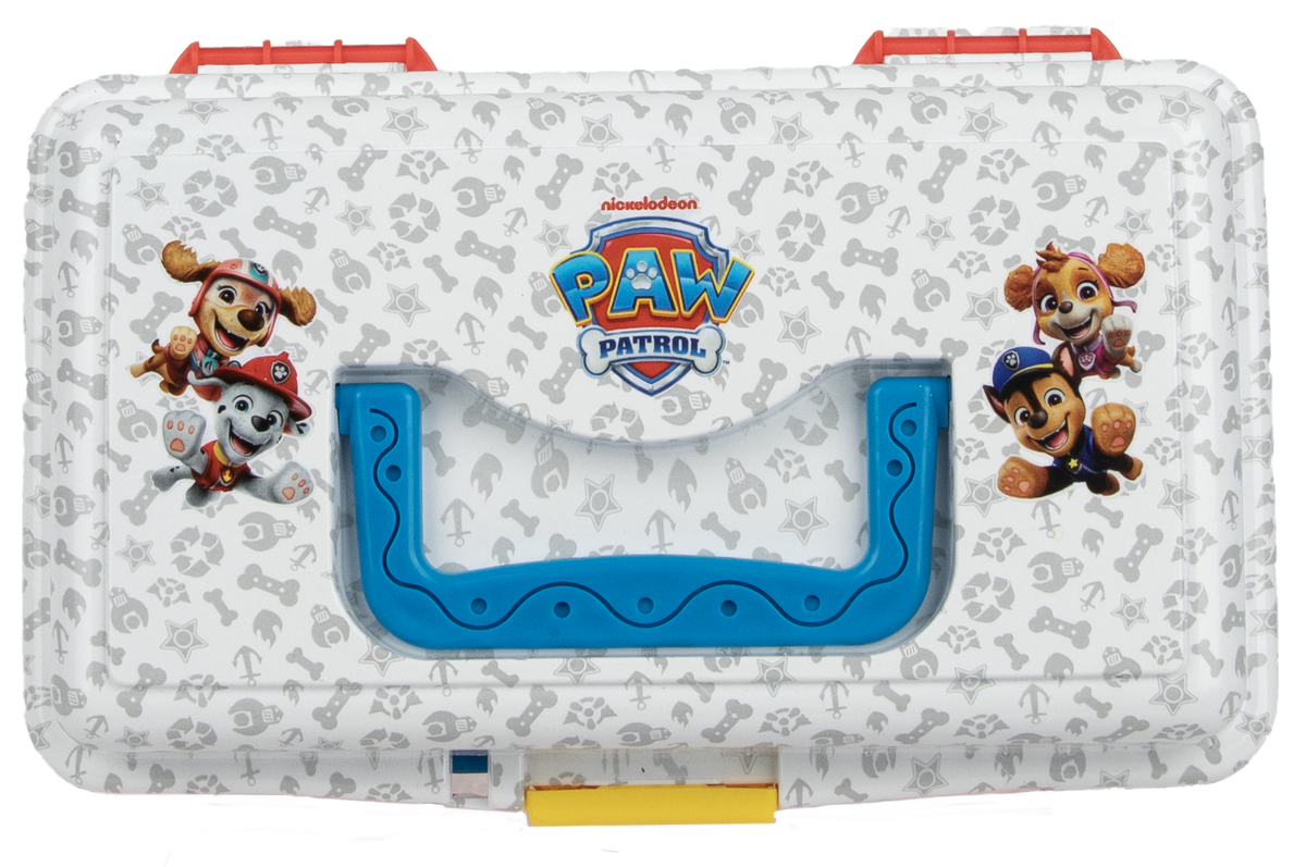 Top view of Paw Patrol play box showing blue handle, logo and character graphics on white patterned shell with yellow latch