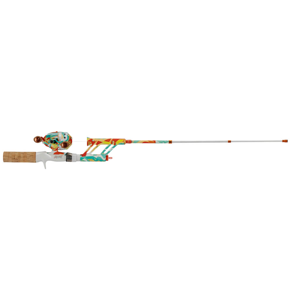 Krazy Pocket colorful youth casting rod and reel combo with cork handle, full-length rod shown
