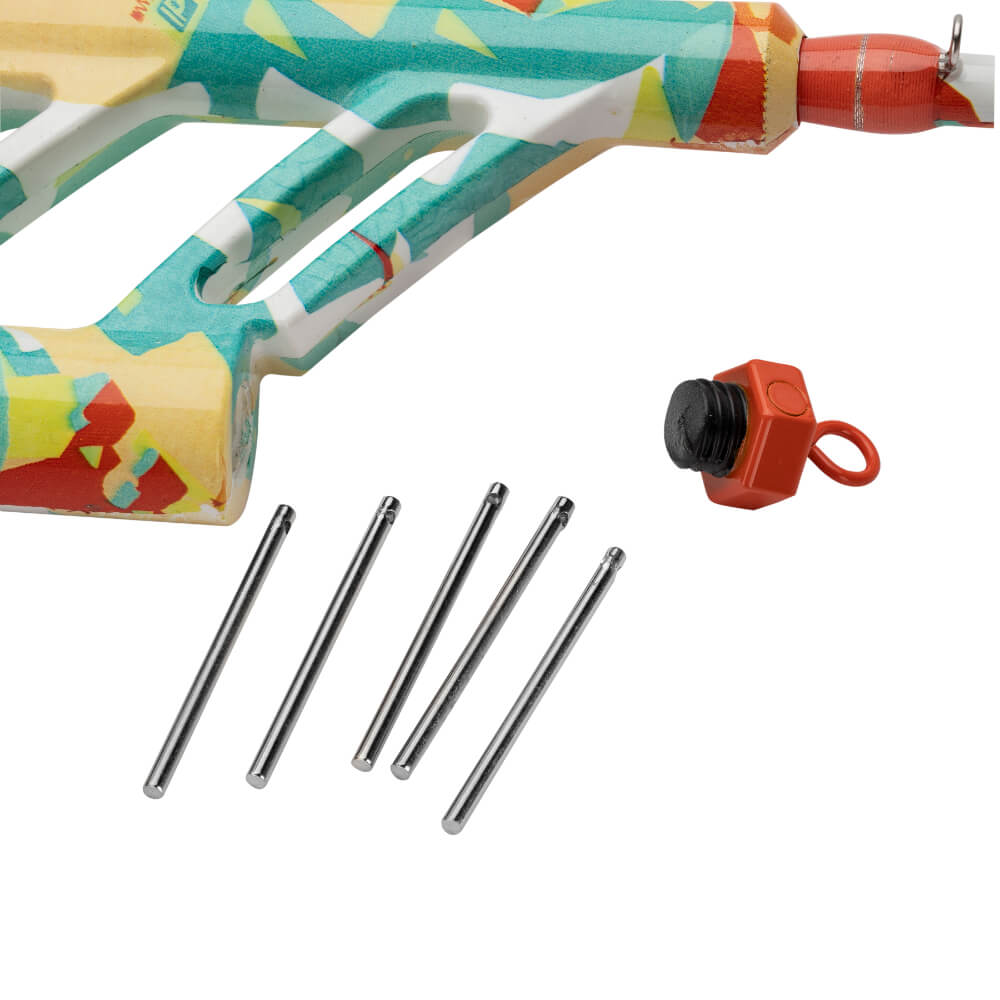 Krazy Pocket combo handle close-up with five stainless hinge pins and a red threaded plug