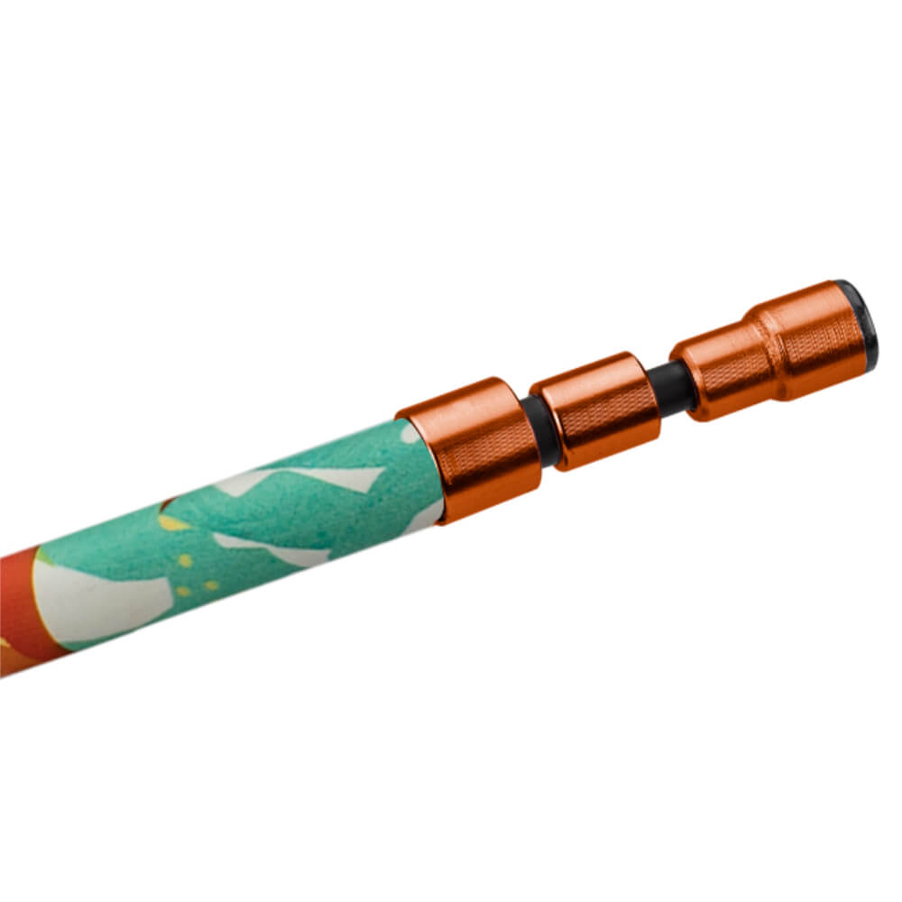 Telescoping fishing-rod tip with orange aluminum ferrules and green patterned foam sleeve