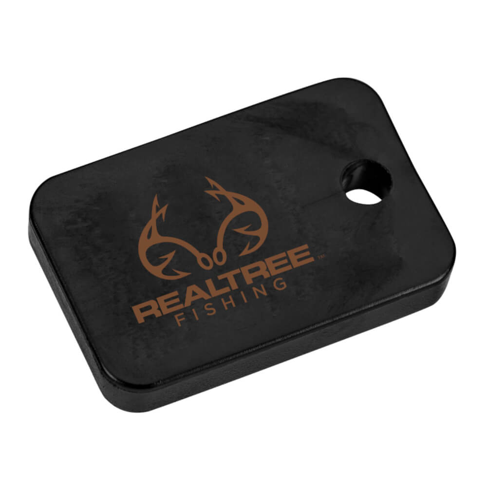 Black rectangular pocket tag with brown REALTREE FISHING logo and keyring hole