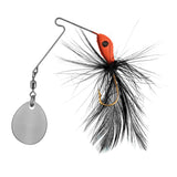 Black feathered spinnerbait lure with orange head, gold hook and silver teardrop blade