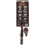 Front view of RealTree Pocket Combo rod and inline reel showing camo handle and red-accent reel on backing card