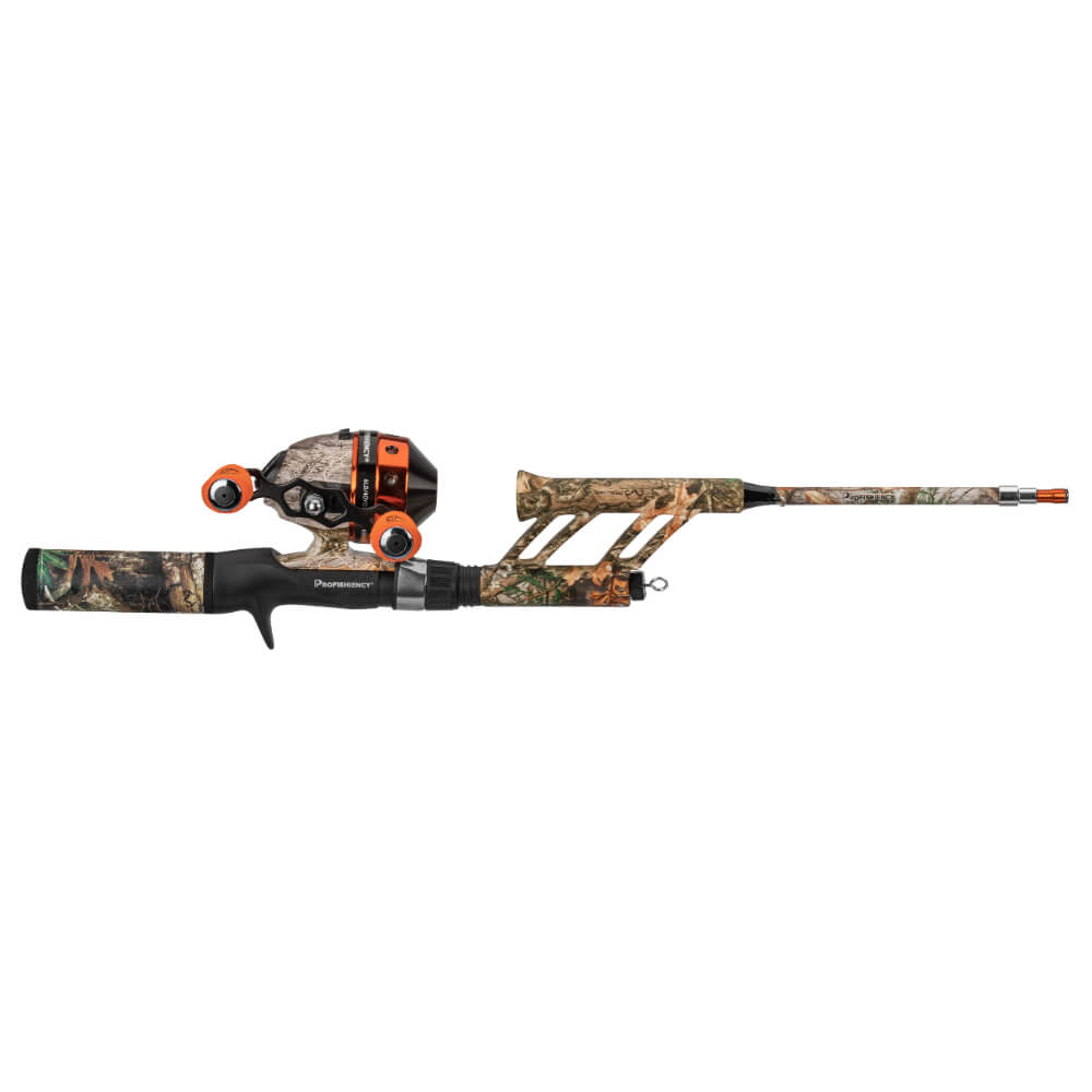 Profishiency Pocket Combo rod and baitcasting reel in Realtree camo, reel retracted