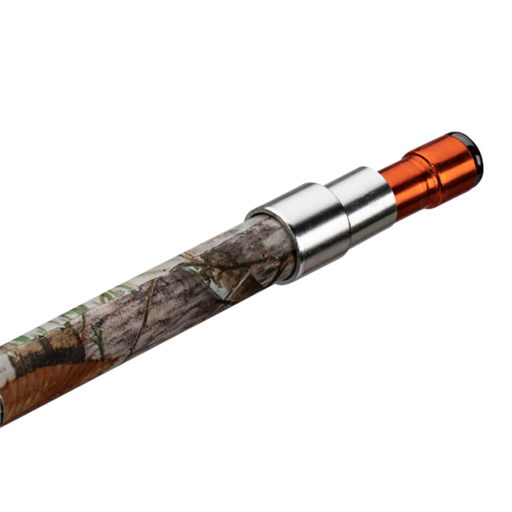 Realtree camo pocket-rod tip with silver ferrule and orange aluminum end cap