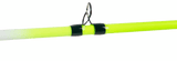 Close up of Profishiency Highkey Spincast rod showing neon yellow shaft and stainless steel guide on pale background
