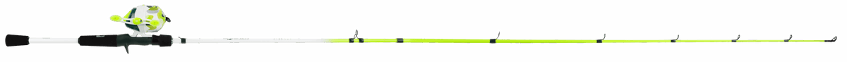Side view of Profishiency Highkey Spincast Combo lime green rod with split EVA grip and attached reel on white background
