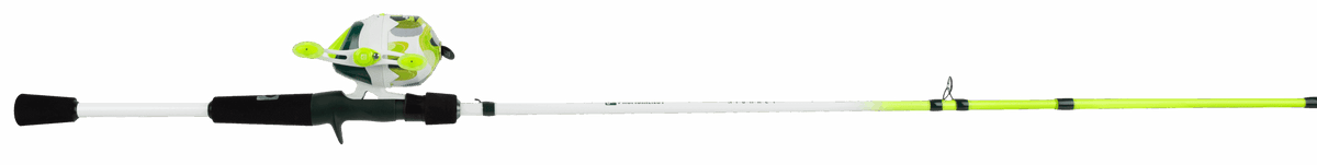 Side view of Profishiency Highkey spincast combo: neon-yellow fiberglass rod with white-and-lime reel and split EVA grip
