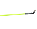 Close-up side view of Profishiency Highkey spincast rod tip showcasing neon chartreuse blank and metal line guide on white background