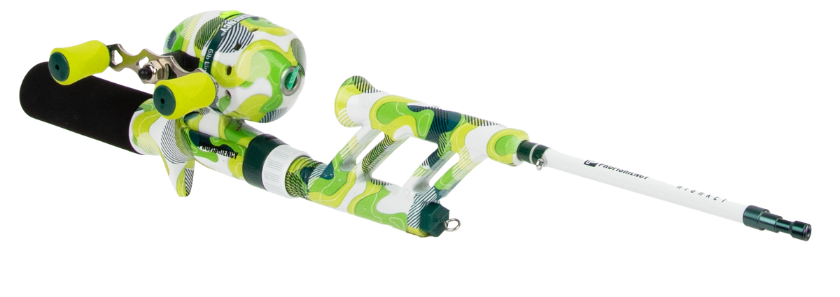 Side view of Highkey Pocket Combo rod and spincast reel in green camo, foam handle, partially extended on white background