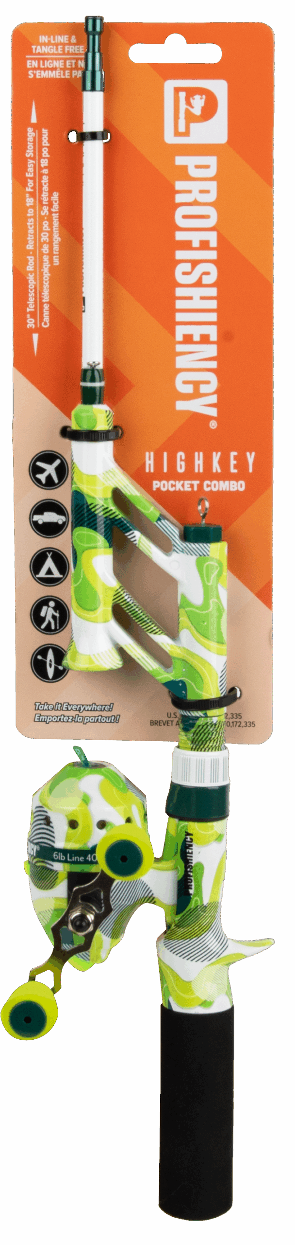 Front of Profishiency Highkey Pocket Combo rod with pre-spooled spincast reel, green camo and foam handle on orange card