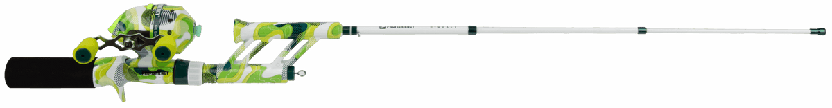 Side view of Profishiency Highkey Pocket Combo fishing rod showing green camouflage pattern and micro spincast reel