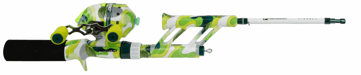 Side view of Profishiency Highkey Pocket Combo telescoping camo rod with spincast reel on light background