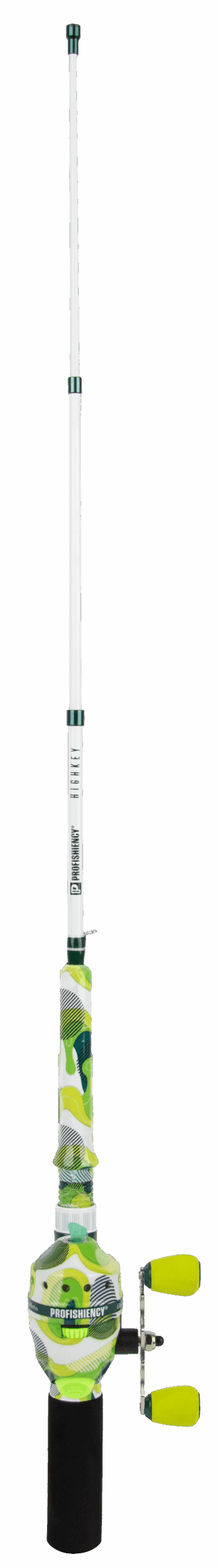 Full length front view of Profishiency Highkey Pocket Combo telescoping rod with camo micro spincast reel on gray background