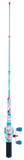 Front view of Profishiency Wild Child Pocket Combo retractable rod with spincast reel, pink-blue pattern on white background