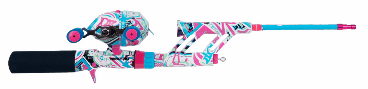 Wild Child Pocket Combo kids' fishing rod and reel, pink/blue graffiti design with PROFISHIENCY logo on handle