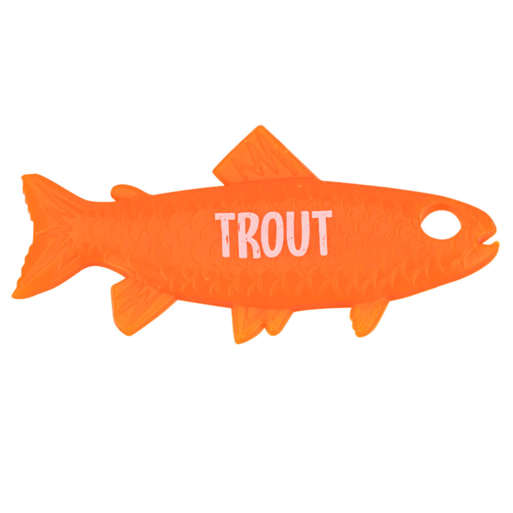 Orange trout-shaped casting plug with word 'TROUT' printed on side