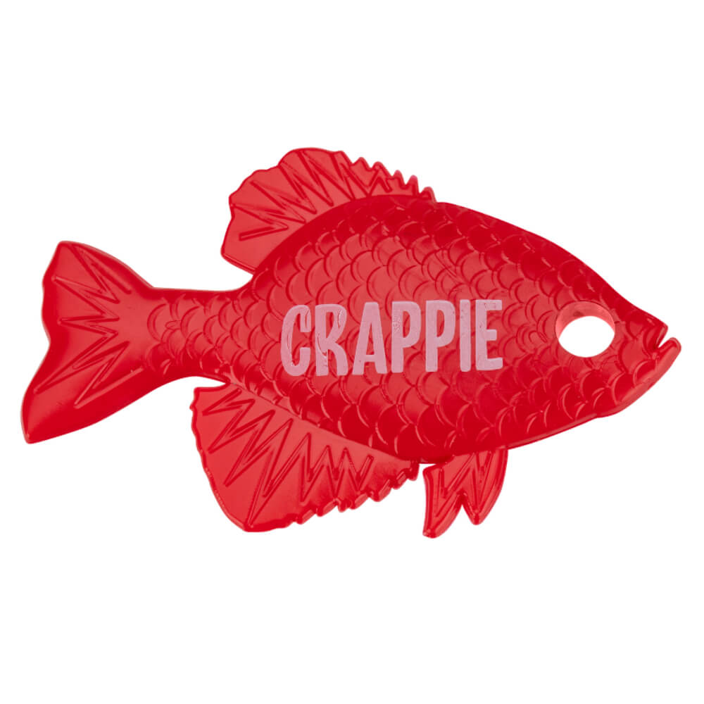 Red fish-shaped casting plug with scale texture and hole near mouth, labeled 'CRAPPIE'.