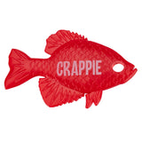 Red fish-shaped casting plug with scale texture and hole near mouth, labeled 'CRAPPIE'.