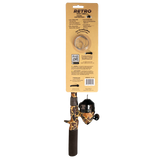 Profishiency RETRO Pocket Combo telescopic rod and spincast reel with camo handle and line threading wires on tan backing