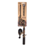 Front view of Profishiency RETRO Pocket Combo camo rod and reel showing retractable 30 to 18 inch rod on beige retail card