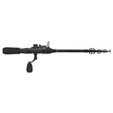 Profishiency telescopic spinning pocket combo, view showing black 43-inch rod collapsed to 15.5 in and small reel on white