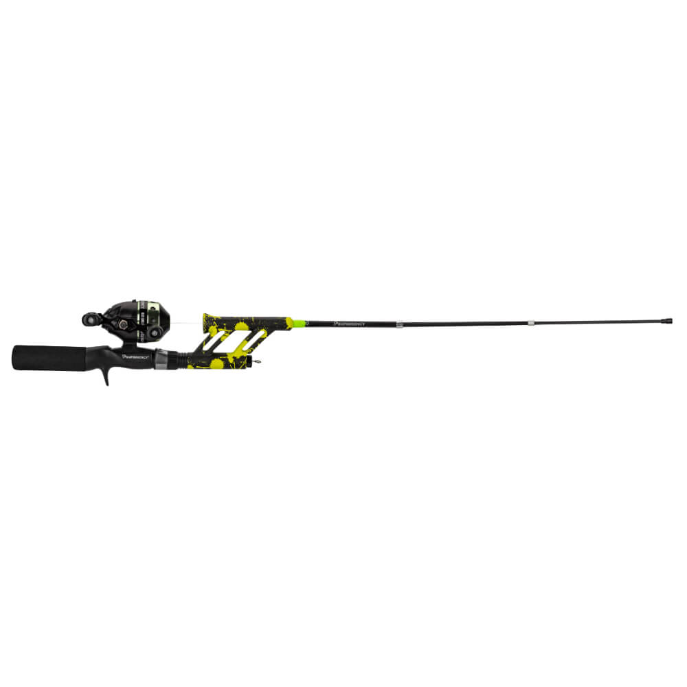Pocket-sized baitcasting rod and reel with splat-green camo handle, Profishiency logo visible