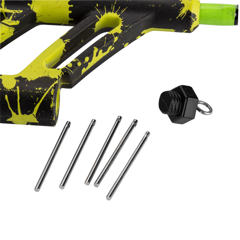 Green-and-black splatter handle inset with five metal pins and a black threaded eyelet nut
