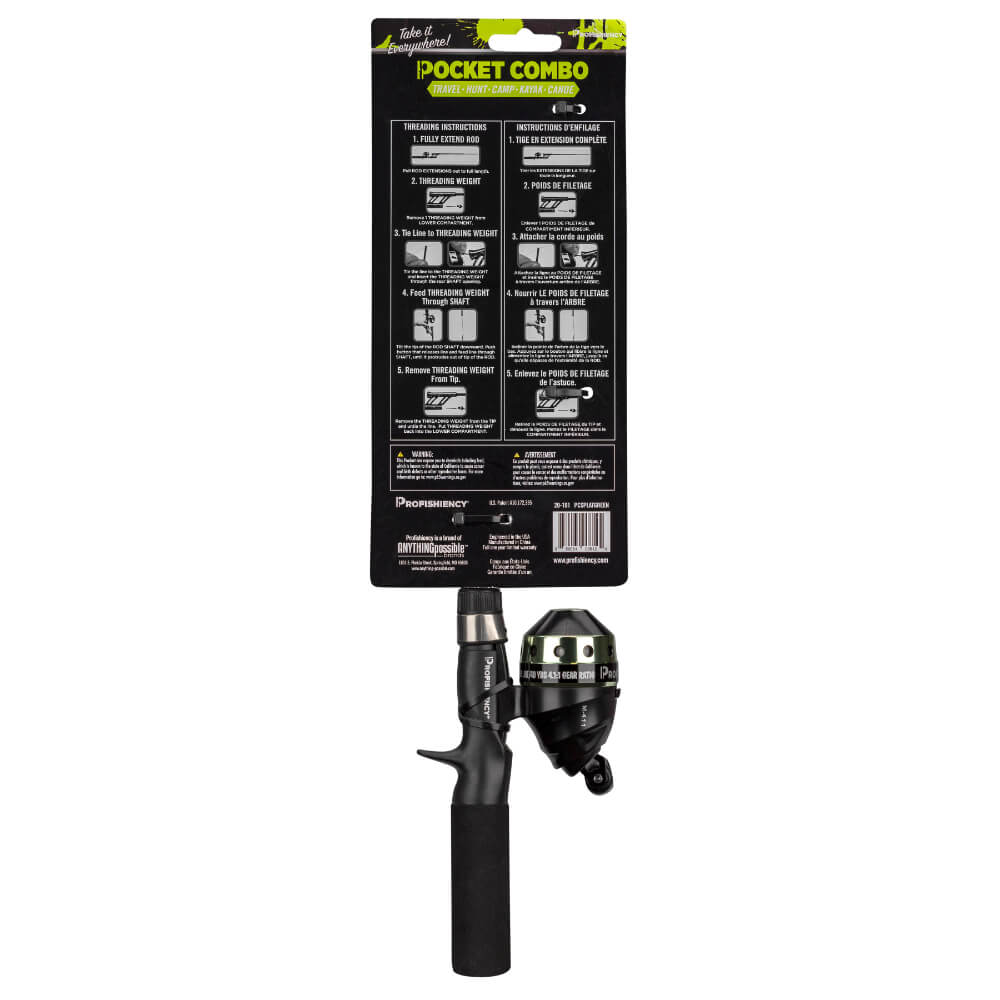 Profishiency Pocket Combo packaging back — POCKET COMBO; Take it Everywhere! TRAVEL HUNT CAMP KAYAK CANOE; green reel
