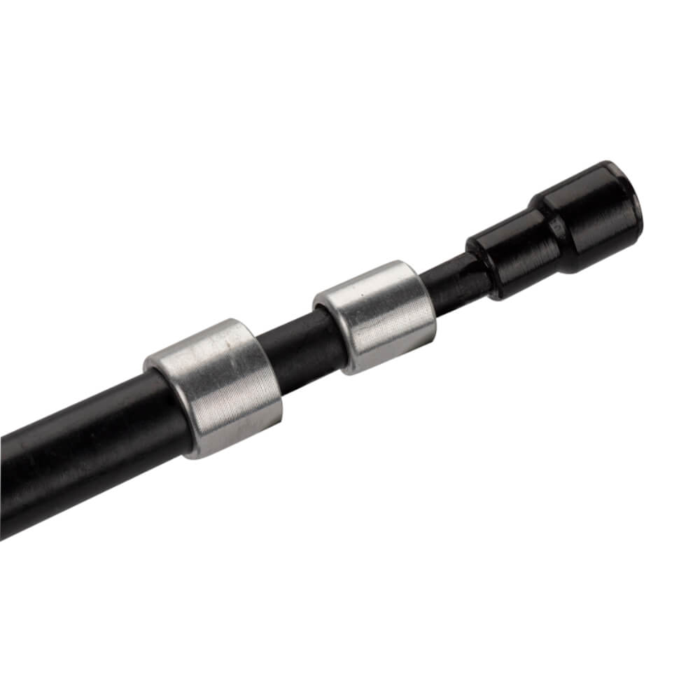 Telescopic fishing rod tip section with two silver sliding metal sleeves on a black rod