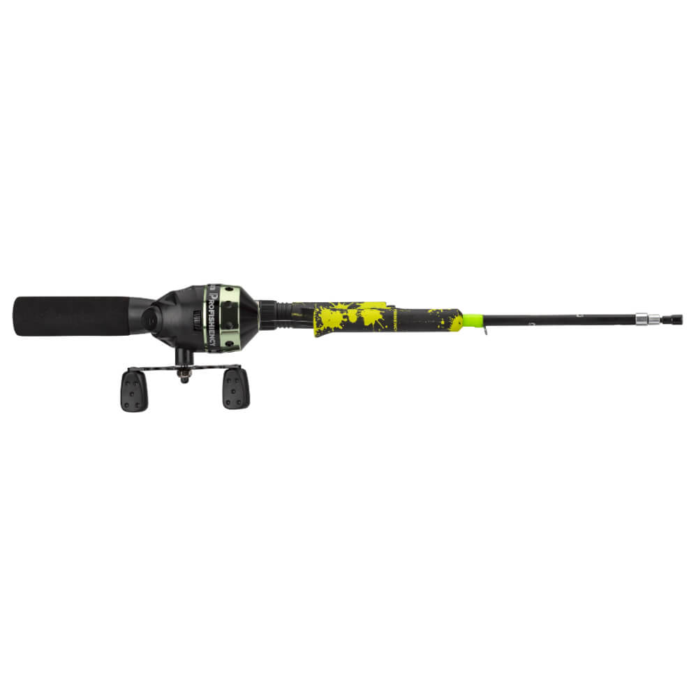 PROFISHIENCY pocket rod-and-reel combo, Splat Green neon-splatter handle with black reel