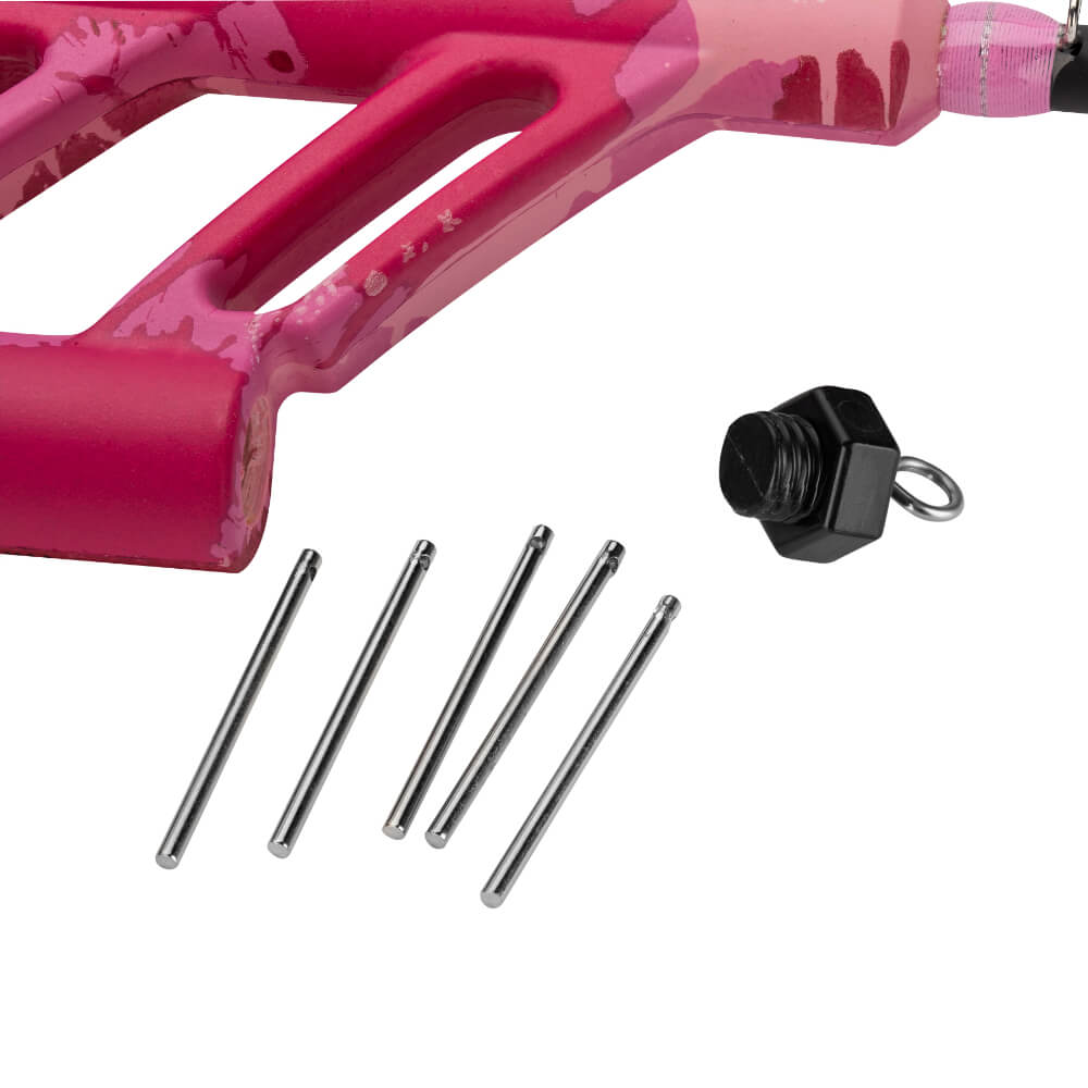 Pink splatter-pattern rod handle section with five silver pins and a black threaded end cap.