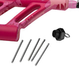 Pink splatter-pattern rod handle section with five silver pins and a black threaded end cap.