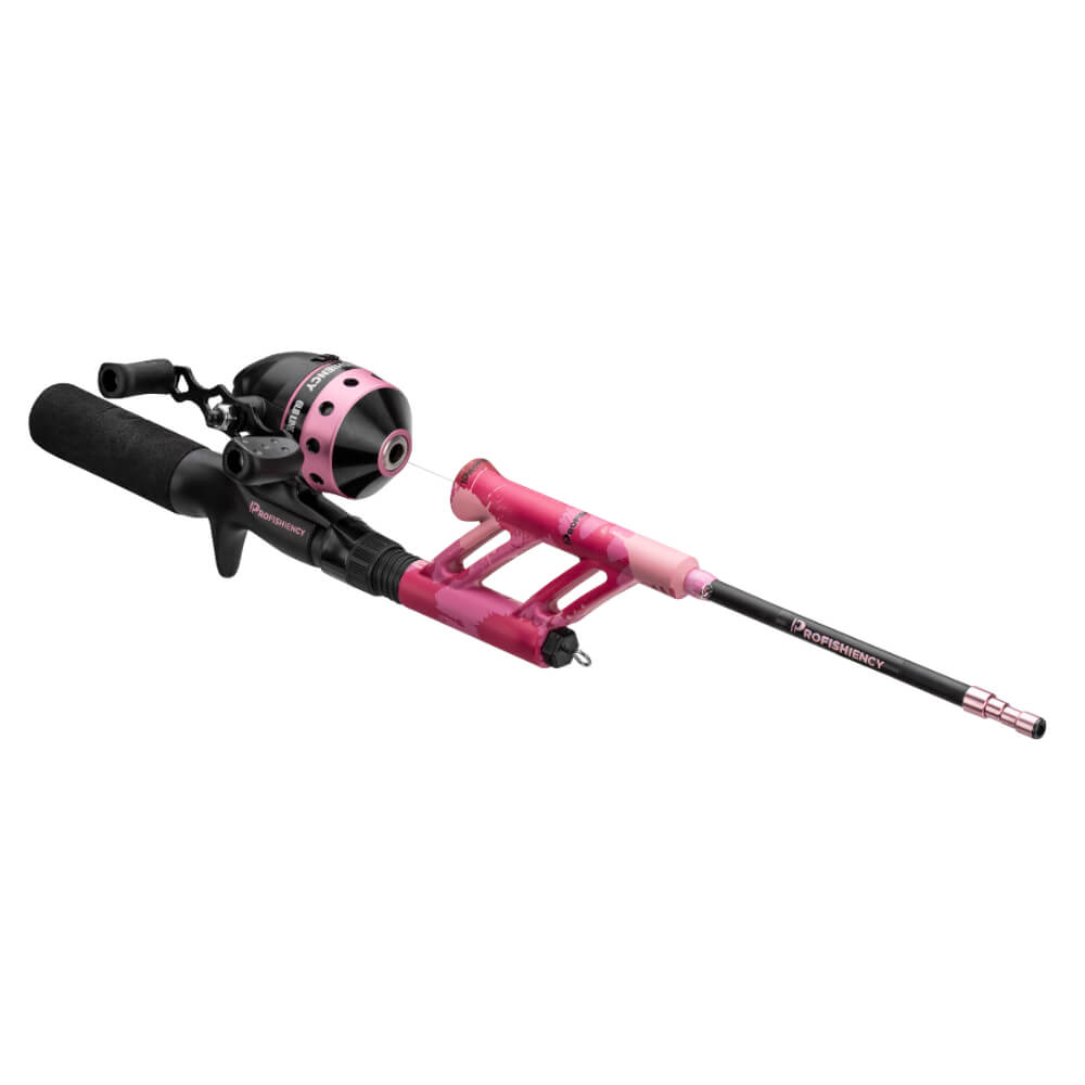 pocket rod and spinning reel combo, pink camo 'Splat Pink' — PROFISHIENCY branding on rod
