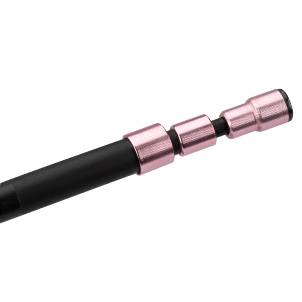 Telescopic pocket fishing rod tip: black shaft with three metallic pink connector rings
